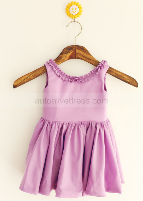 Ruffled Neck Purple Cotton Knee Length Flower Girl Dress